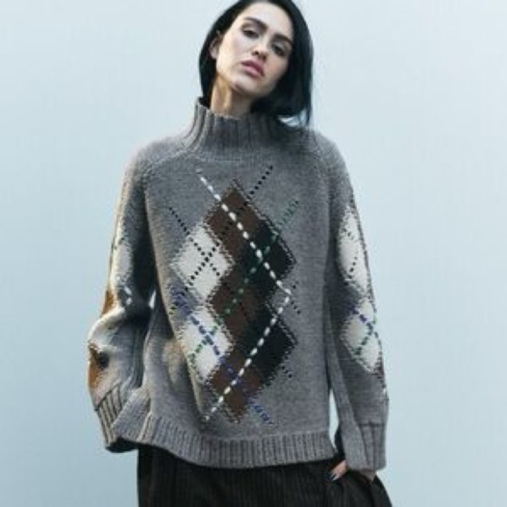 Zara Argyle Knit Sweater Womens Small Grey Alpaca Wool Blend Excellent Mock Neck